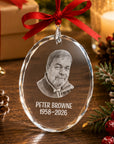 Oval crystal Christmas ornament with engraved portrait, name and dates