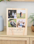 Custom UV printed pine wood photo block featuring family photos and personalised message