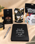 Bereavement care package with memorial journal chocolate treats peanut brittle and self-care gifts