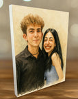 Personalised AI-generated pencil portrait printed on pine wood block, romantic couple artwork