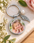 Personalised memorial photo keyring with angel wing charm