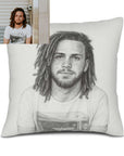 B&W pencil drawing from a photo, printed on cushion
