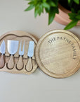 Personalised round cheese board set with hidden stainless steel knives