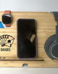 Wooden desk organizer with phone, headphones, and other items personalised for fathers day