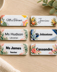 Personalised floral teacher name badges 85 × 30mm with strong magnetic backs