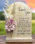 Personalised wooden arch plaque with preserved flowers and custom message