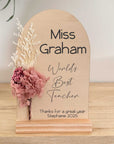 Personalised wooden teacher plaque with preserved flowers