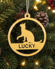 Gold cat-shaped ornament with your cat's name.