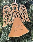 Personalised mirror acrylic memorial angel ornament in gold with engraved name and dates