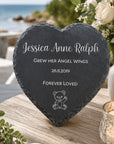 Heart-shaped slate plaque personalised in memory of a baby with name and dates