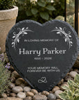 Heart-shaped slate memorial plaque personalised with names, dates and remembrance message
