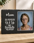 Large black natural slate memorial personalised with treasured photograph and custom wording
