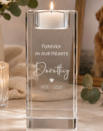 Personalised crystal memorial candle holder engraved with Forever in Our Hearts