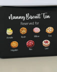Personalised black cookie tin with custom names and cookie icons