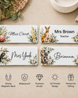 Australian native teacher name badge with kookaburra eucalyptus and personalised name