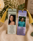Personalised memorial photo bookmarks printed on 2mm white acrylic with luxury tassels