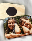 Personalised wooden photo magnet with rustic wood grain finish and family photo
