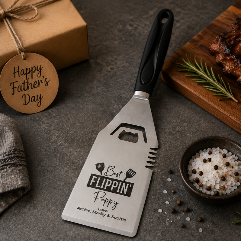 personalised stainless steel barbecue spatula with bottle opener