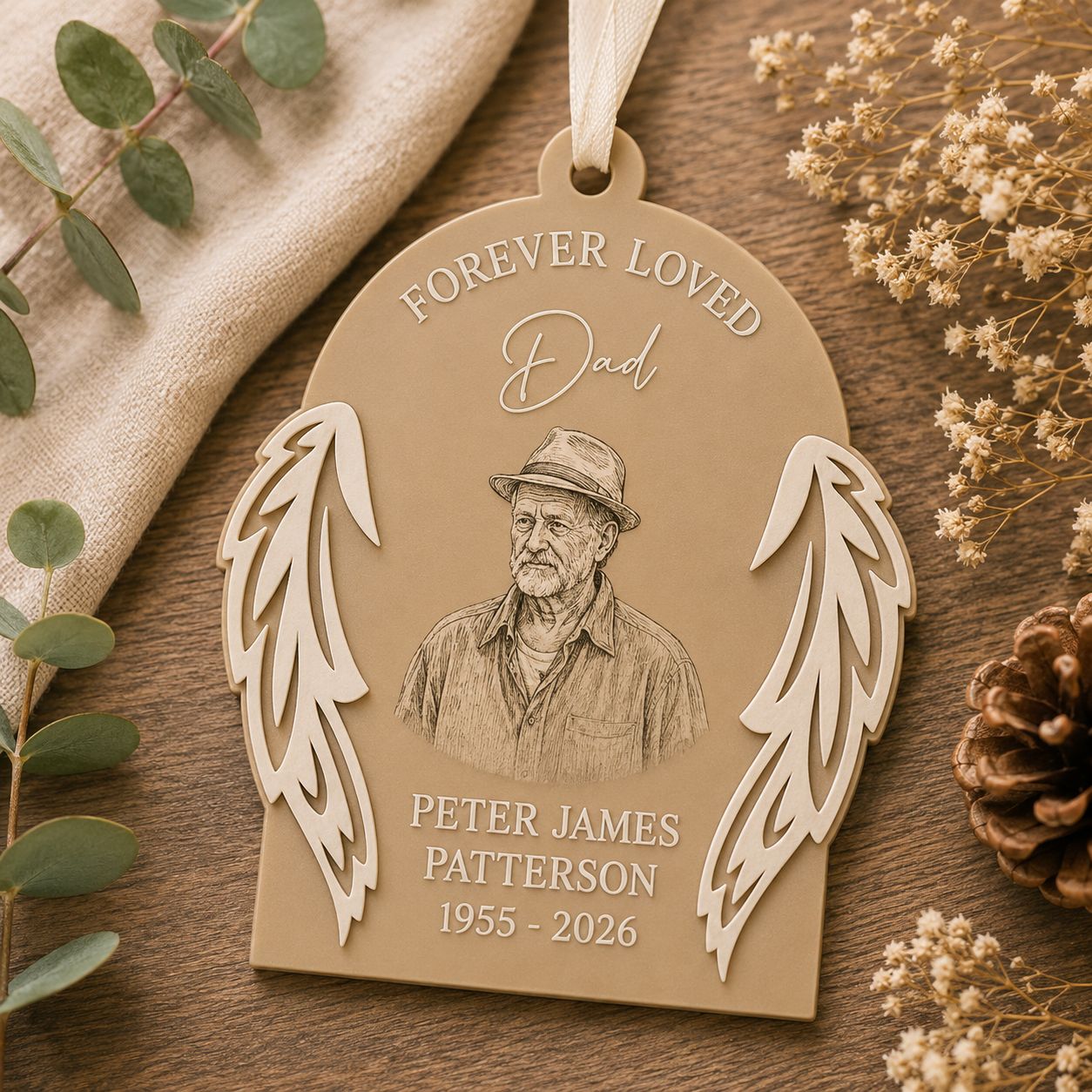 angel wings memorial ornament with engraved portrait