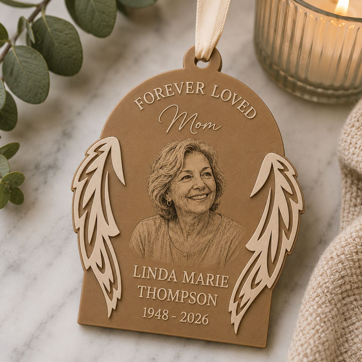 personalised Christmas remembrance ornament with 3D white wings
