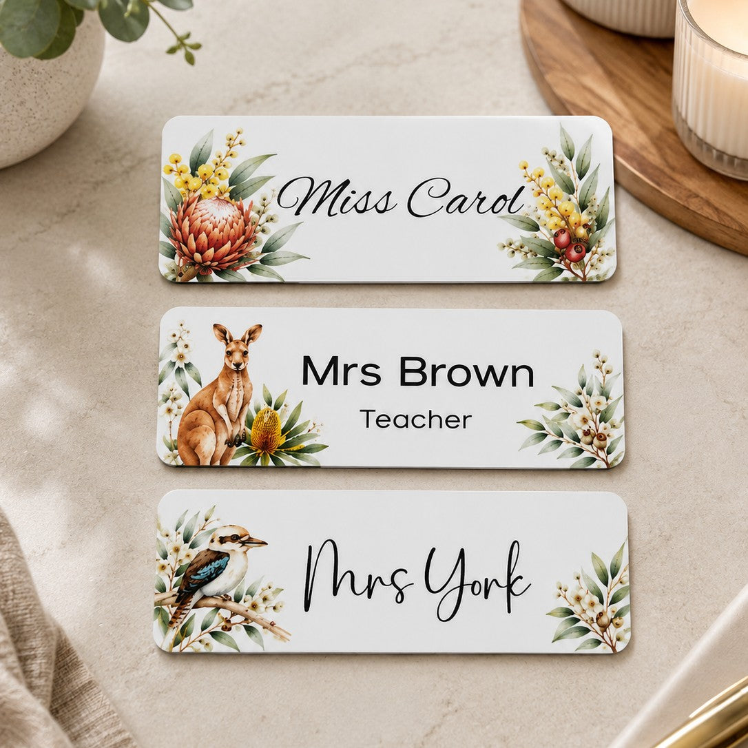 Australian personalised teacher name badges with native floral and wildlife designs