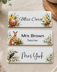 Australian personalised teacher name badges with native floral and wildlife designs