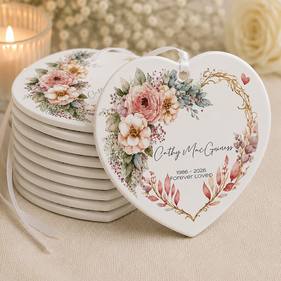 Personalised heart acrylic Christmas ornaments available in bundles of 10, 20, 50, 70 and 100