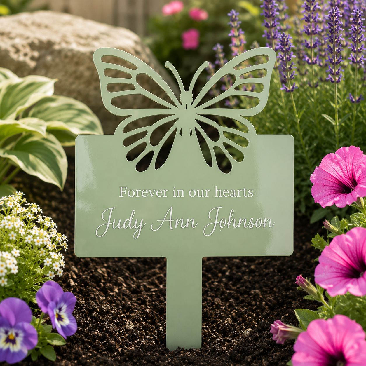 Custom engraved memorial garden plaque with butterfly design