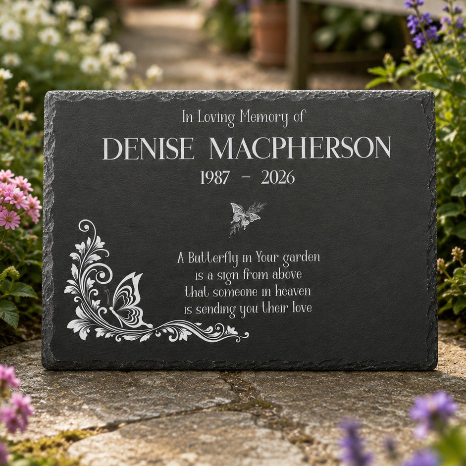 Personalised butterfly memorial slate plaque 30 × 20cm with custom name and dates