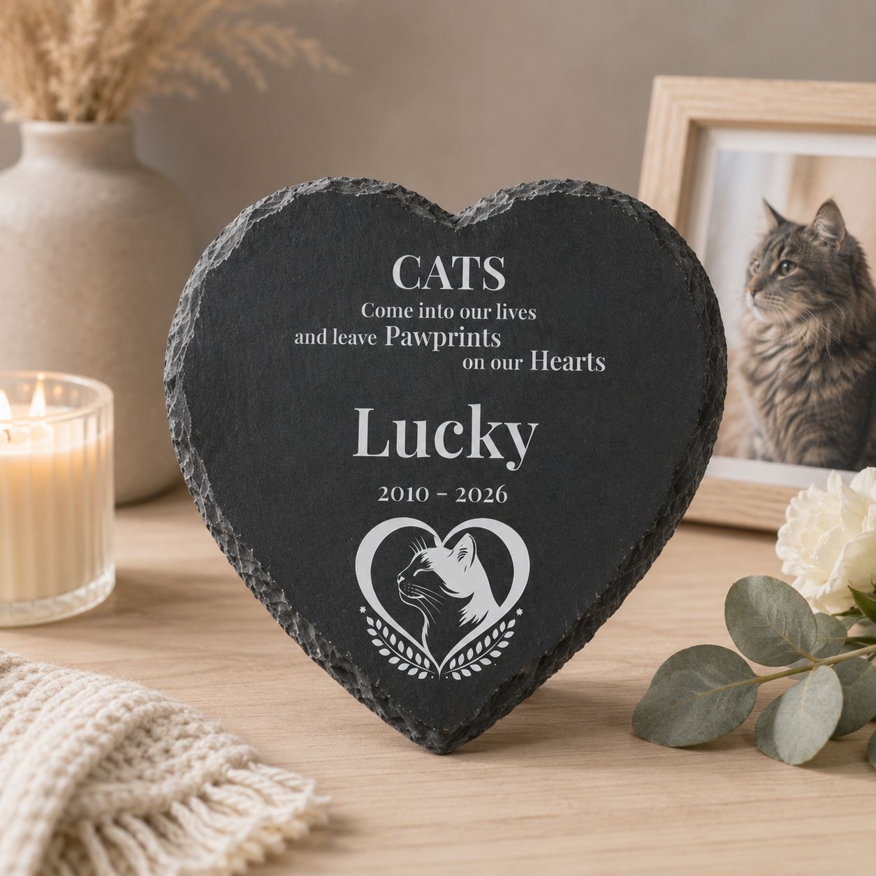Natural slate heart pet memorial for cats with personalised engraving design