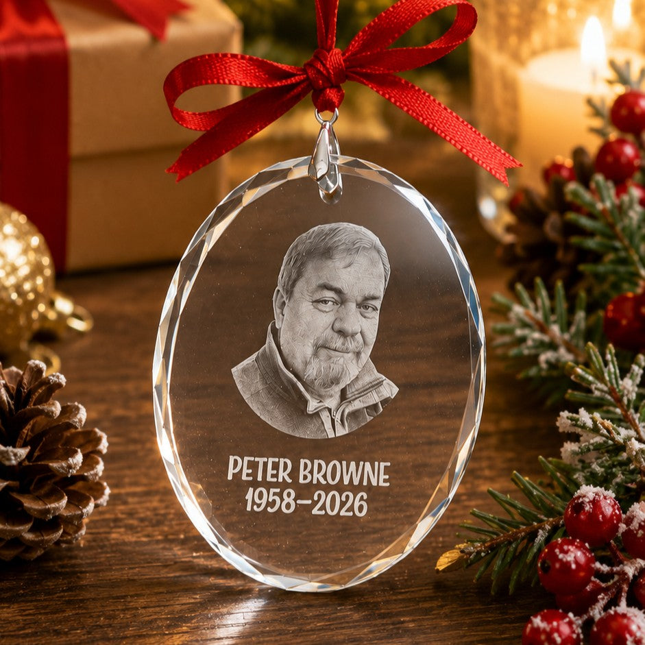 Oval crystal Christmas ornament with engraved portrait, name and dates
