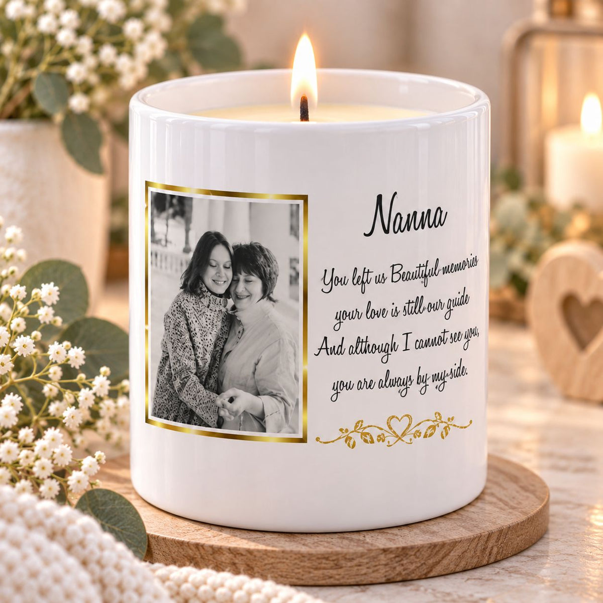 Personalised memorial photo candle with name and custom verse