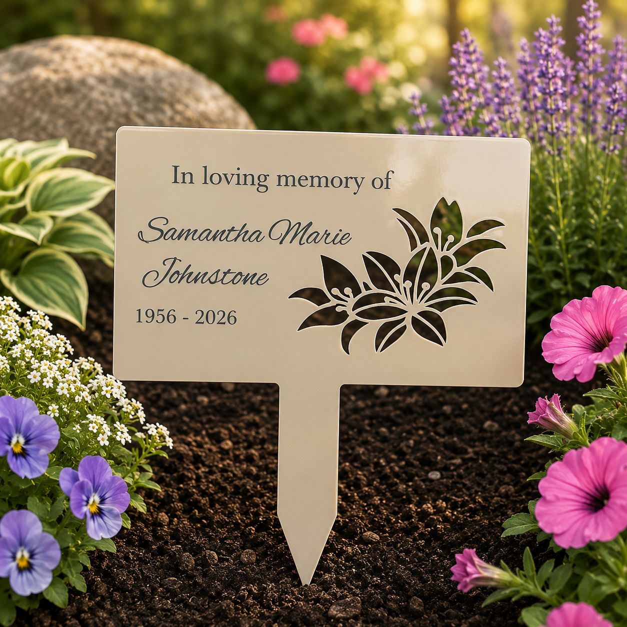 Personalised floral memorial garden stake with laser cut flower design
