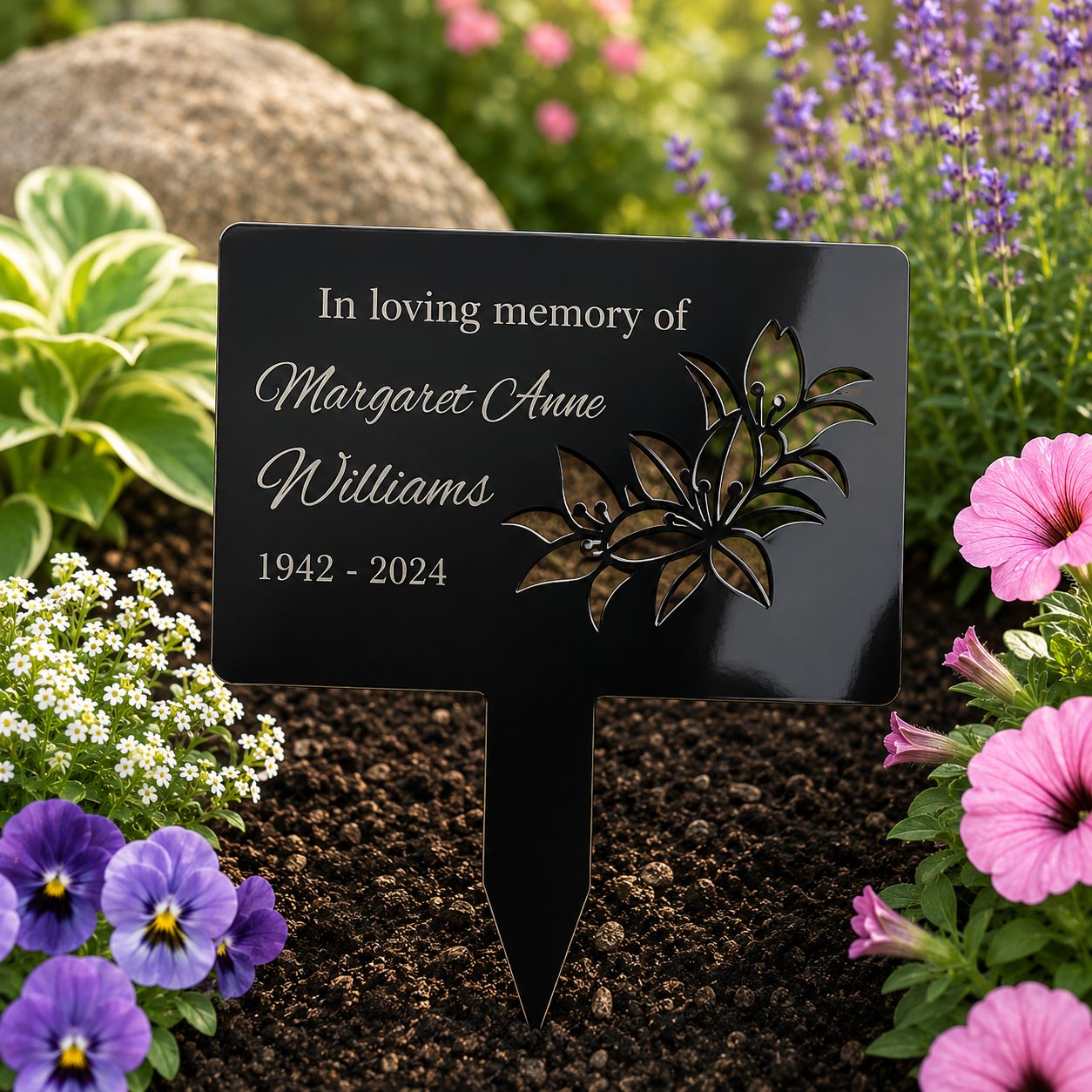Custom outdoor memorial garden stake with name and dates