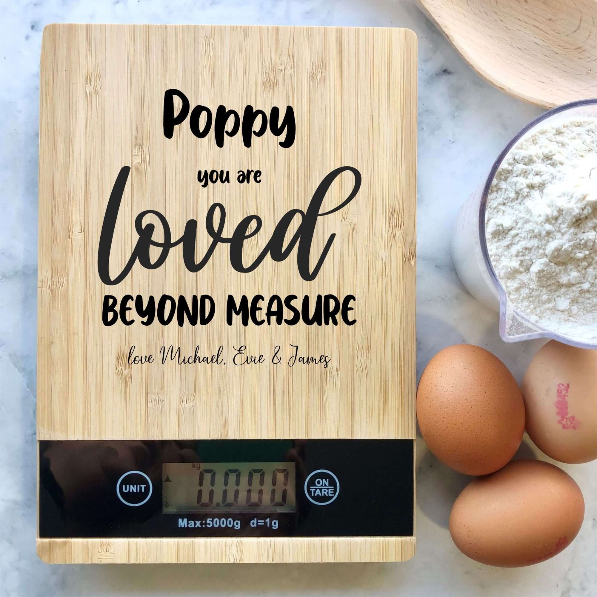Personalised Bamboo Kitchen Scales – “Loved Beyond Measure” – Chain ...