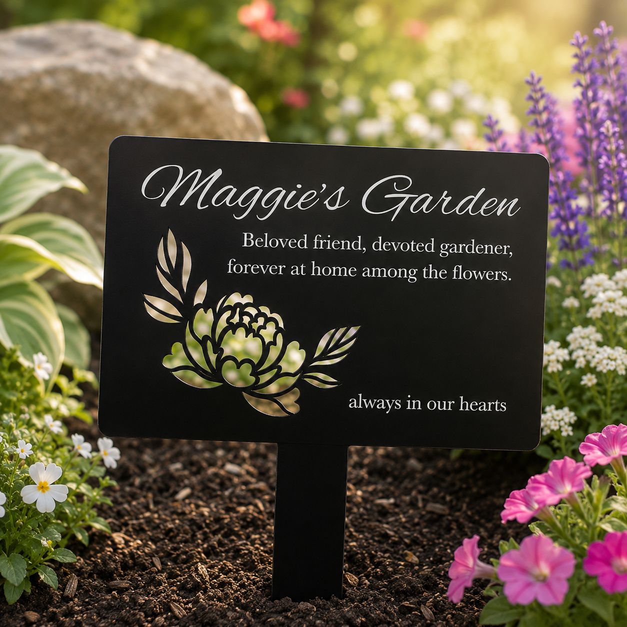 Personalised floral memorial acrylic garden stake for outdoor remembrance