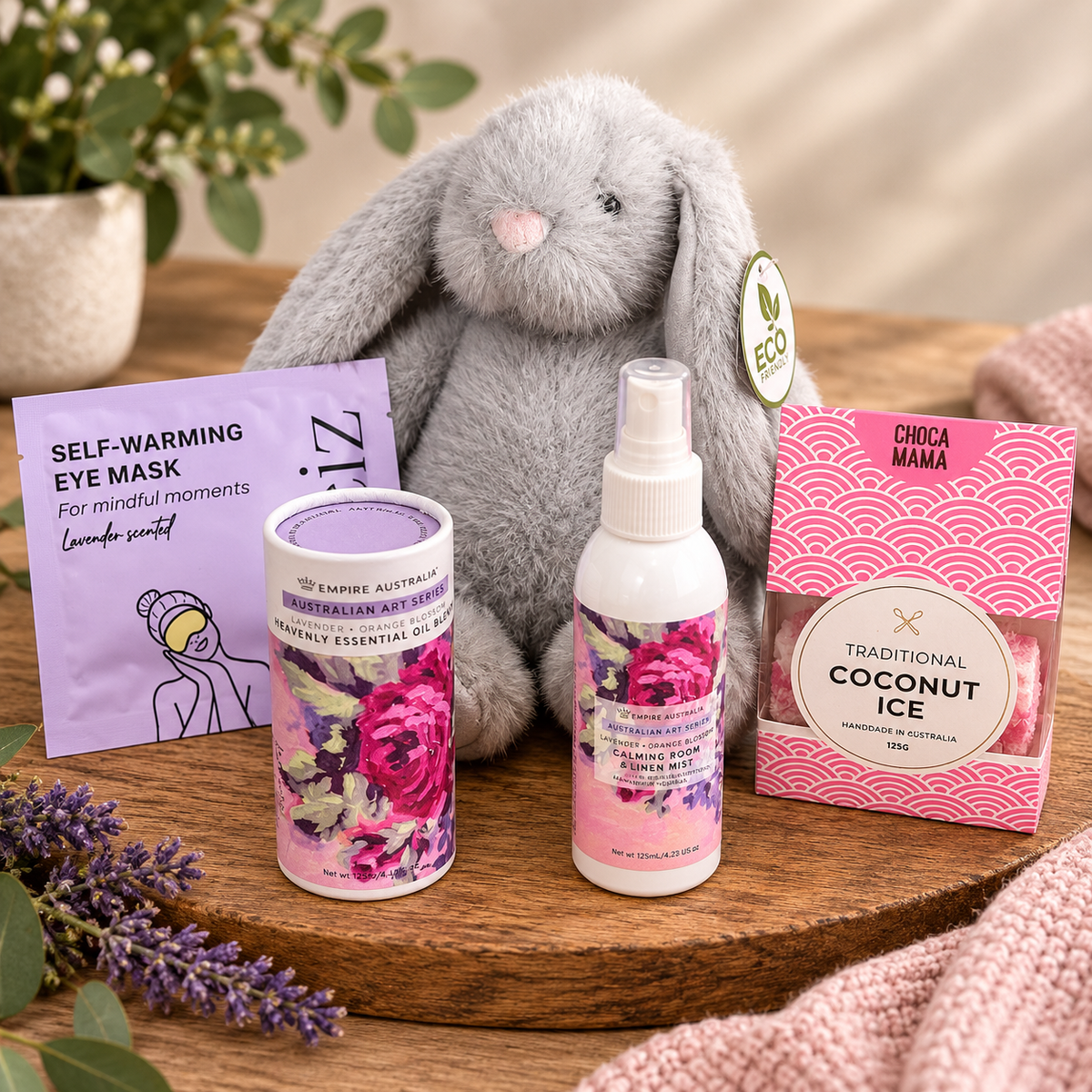Gentle Embrace soothing hamper with soft grey bunny relaxation gifts and coconut ice