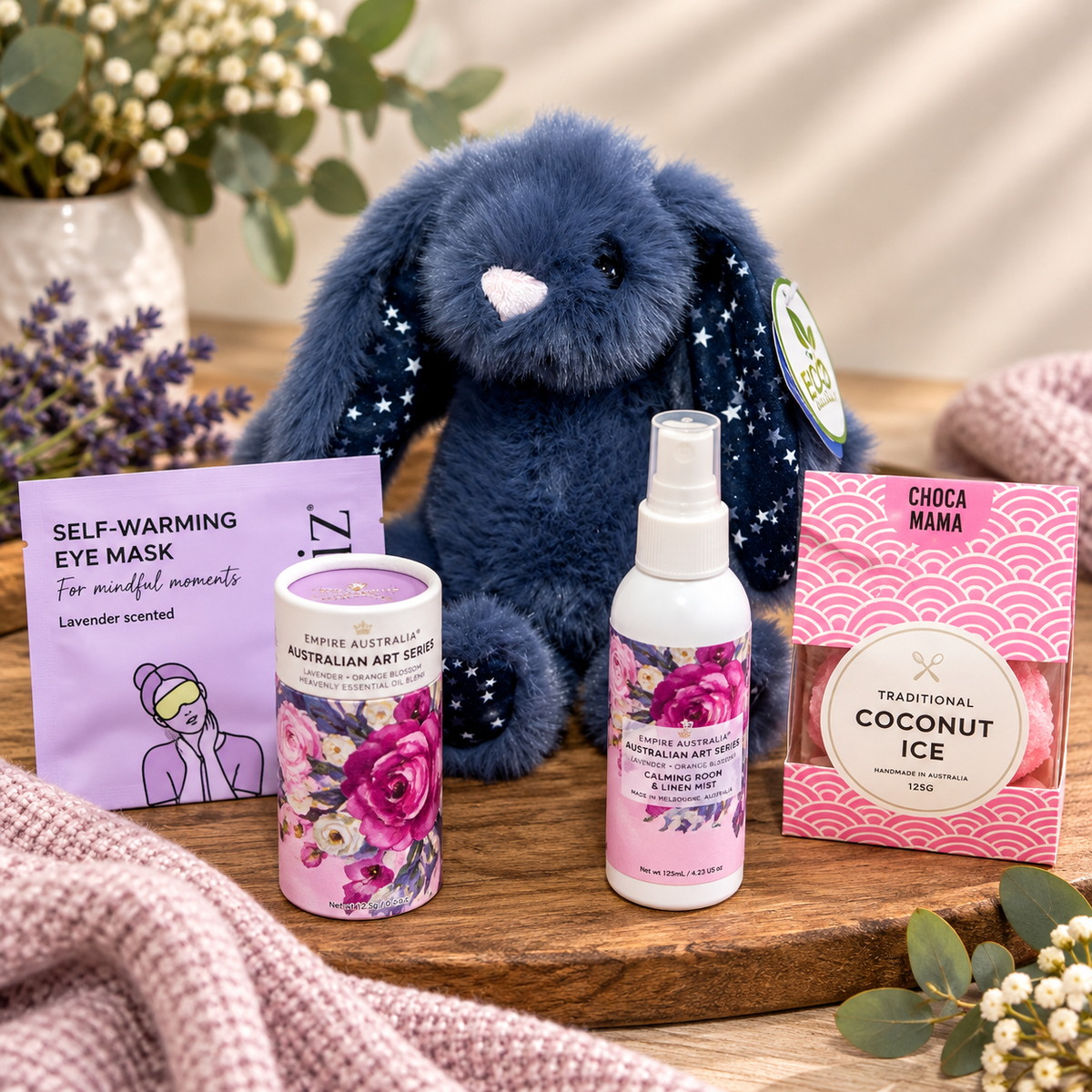 Australian self care hamper with soft bunny lavender orange blossom products and sweet treat