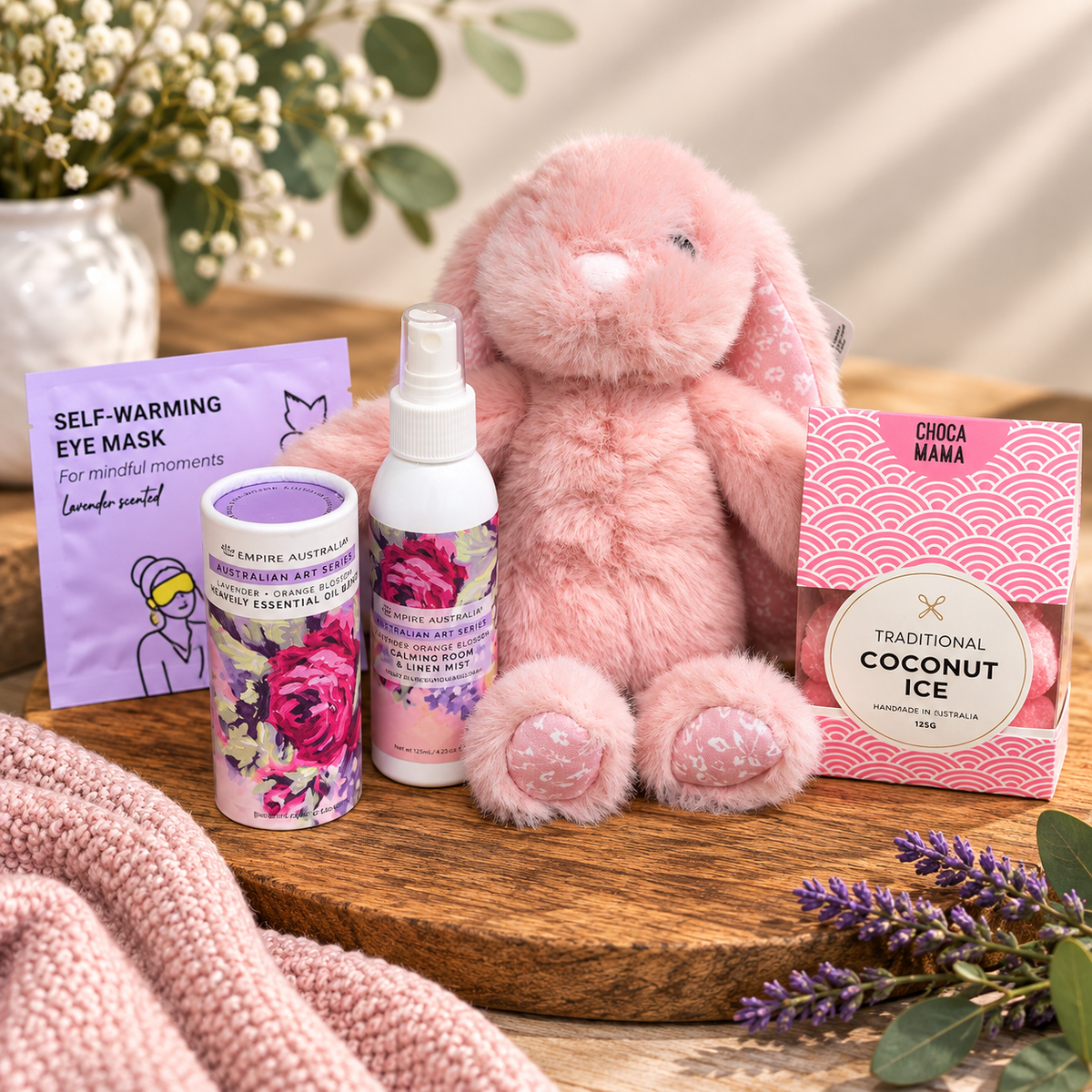 Comfort care package with 28cm bunny self warming eye mask room spray and essential oils