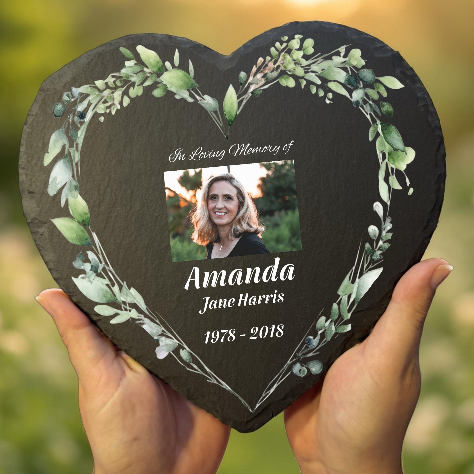 personalised slate heart memorial plaque with photo and wreath