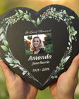 personalised slate heart memorial plaque with photo and wreath