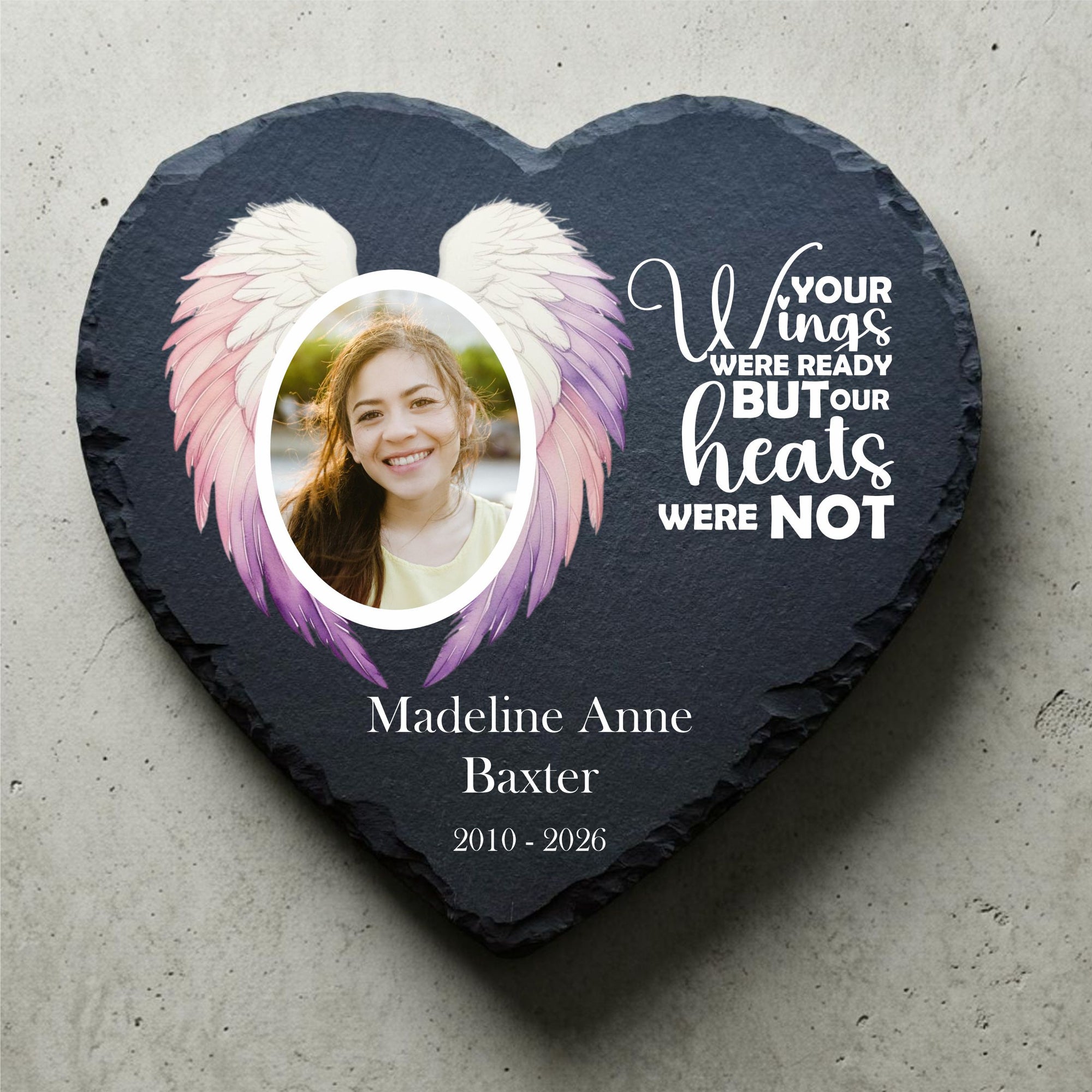 personalised angel wings slate heart memorial with photo