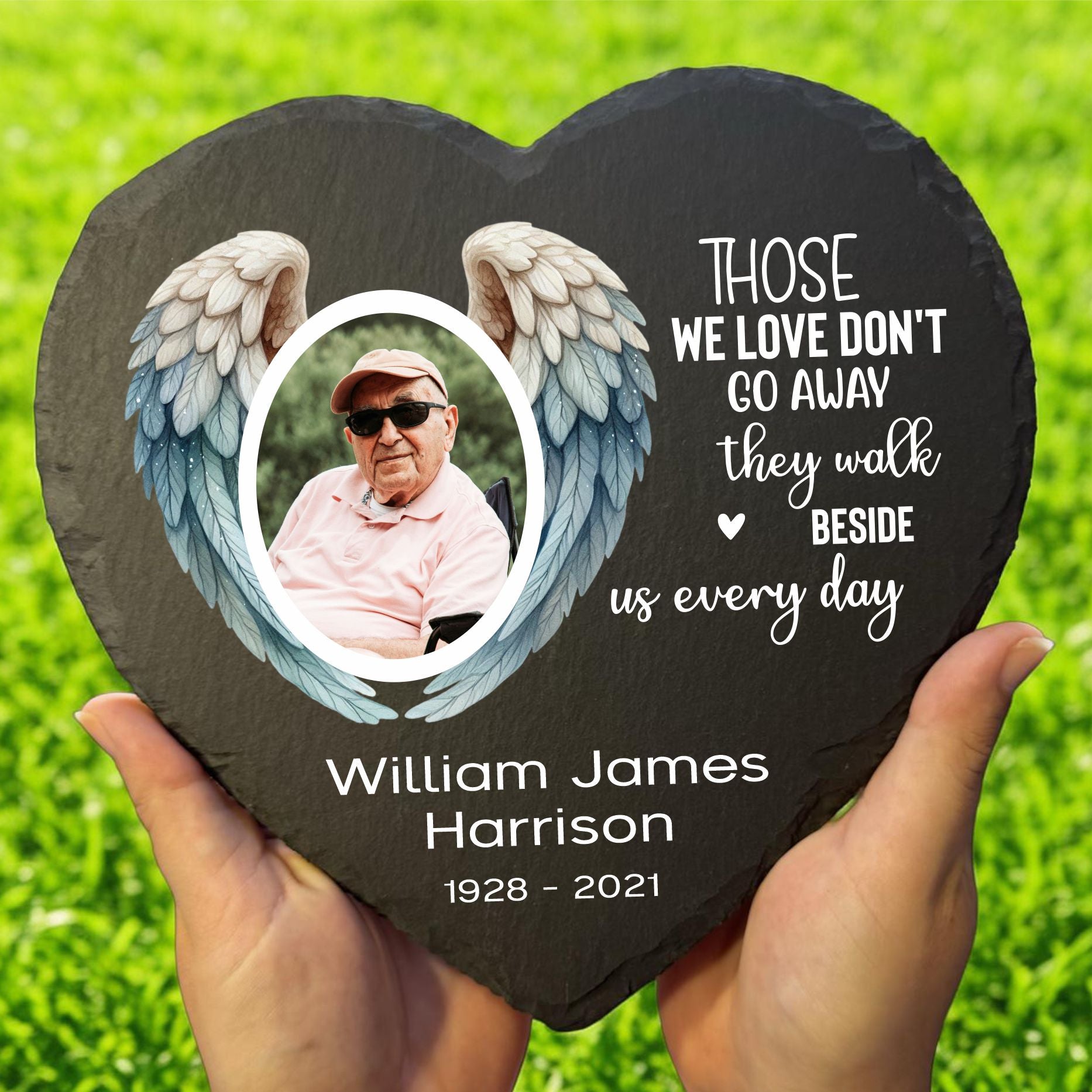 heart shaped slate memorial with angel wings