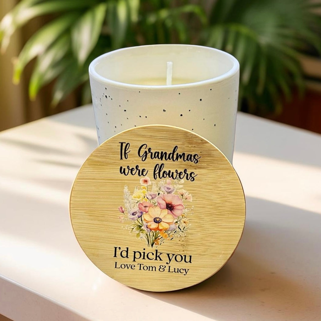Floral grandma keepsake candle with personalised message
