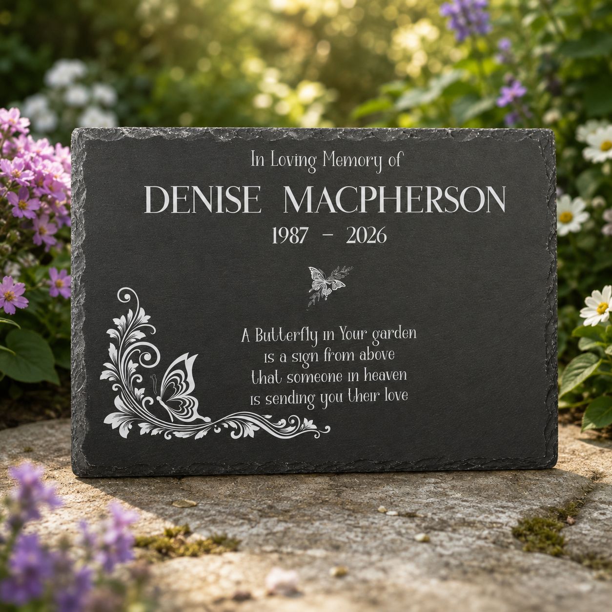 Large black natural slate grave marker with butterfly and floral memorial design