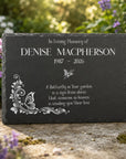 Large black natural slate grave marker with butterfly and floral memorial design