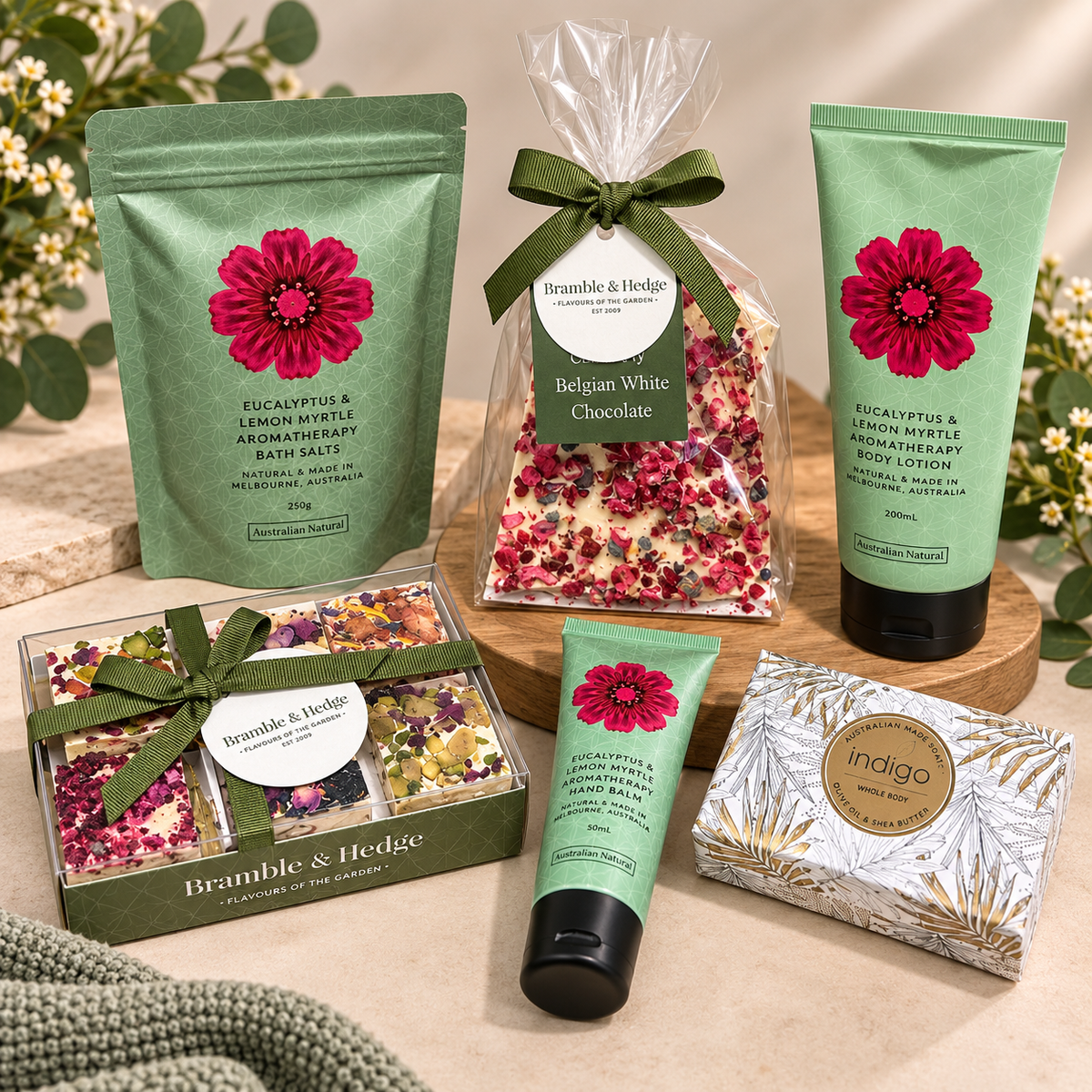 Deluxe gift hamper with Belgian white chocolate nougat honeycomb and Australian botanical pamper products