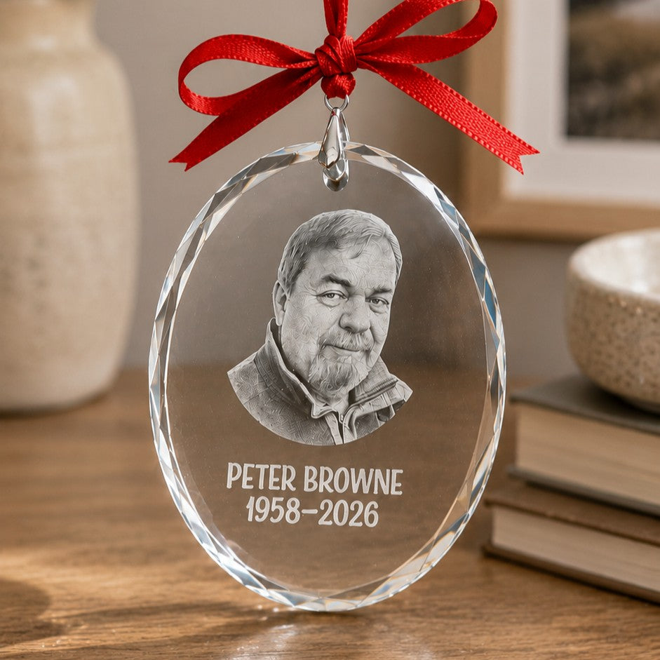 ersonalised crystal memorial photo ornament engraved on the reverse