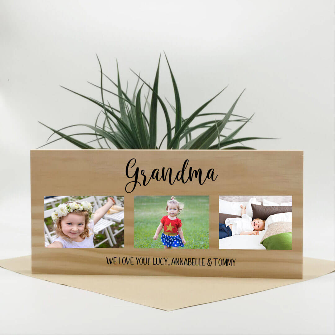 Personalised photo pine block with three photos and custom text, UV printed on natural pine