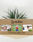 Personalised photo pine block with three photos and custom text, UV printed on natural pine